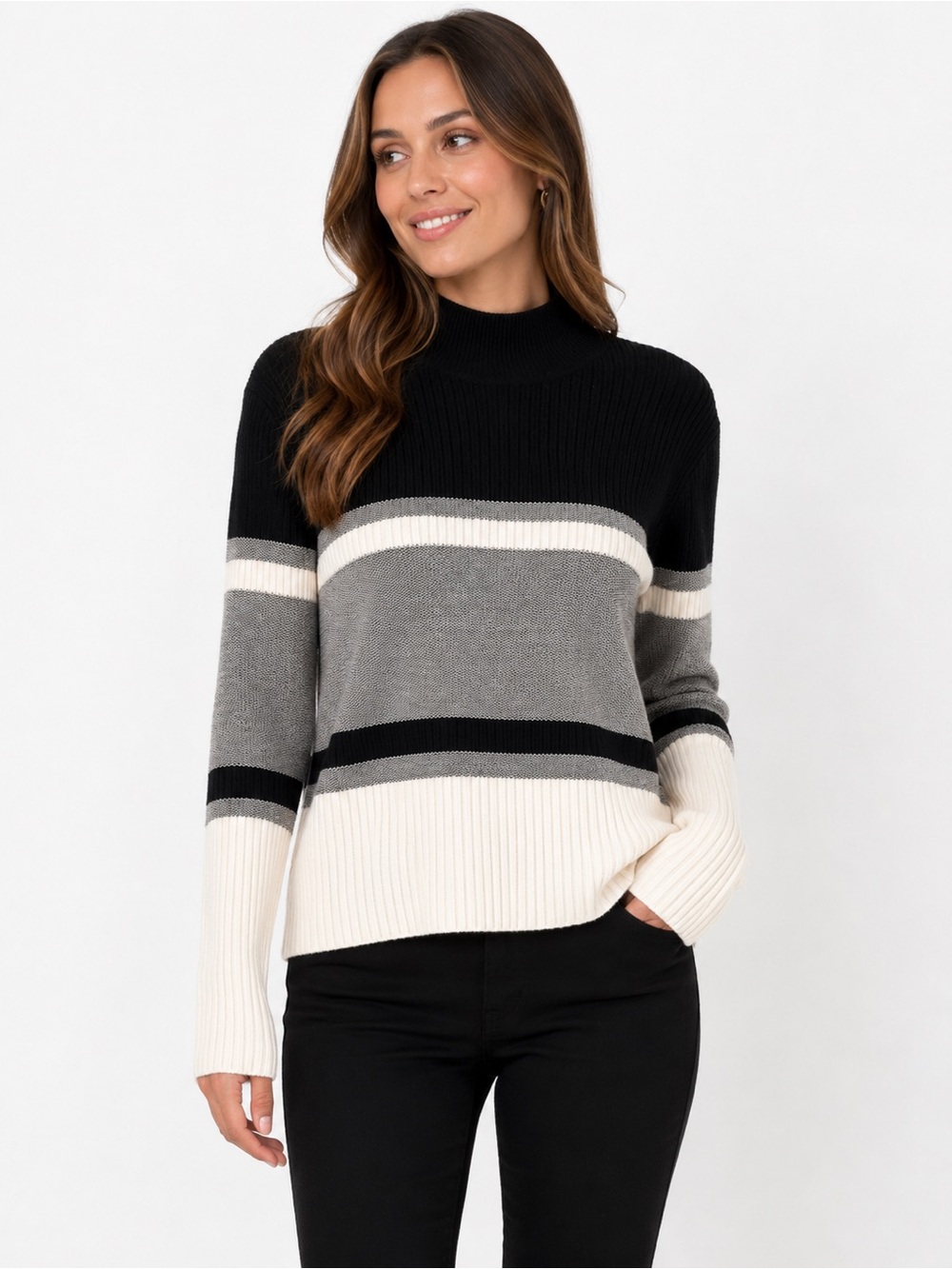 Pure Amici Womens XS Striped Mock Neck Sweater Cotton Silk Blend Ribbed Knit